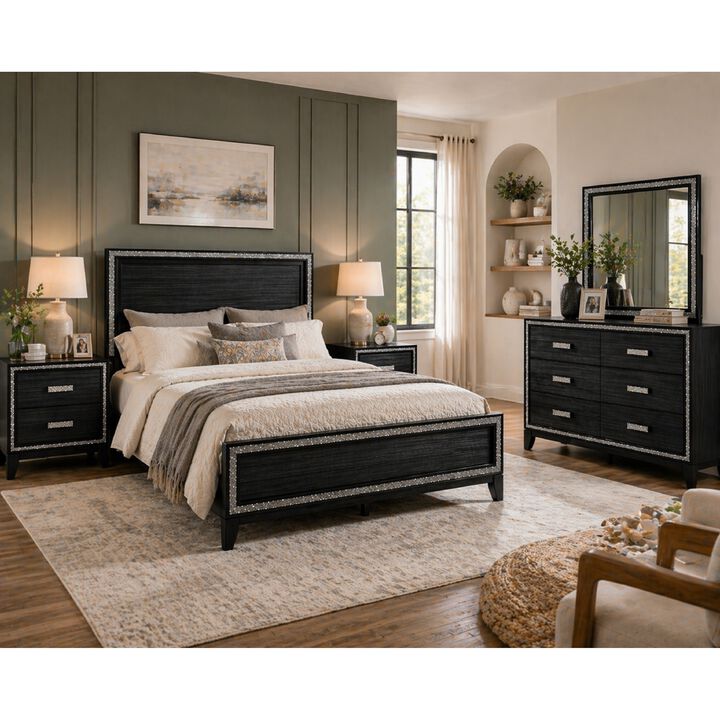 Queen Size Bedroom Set, Black Finish, 4-Piece Set with Bed, 2 Nightstands and Dresser