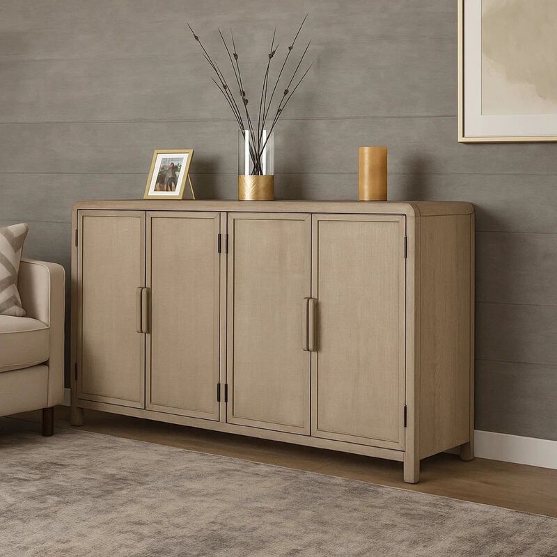 Giva Sideboard Buffet Console 4 Doors, Rattan Patterns, Brown 68 Inch