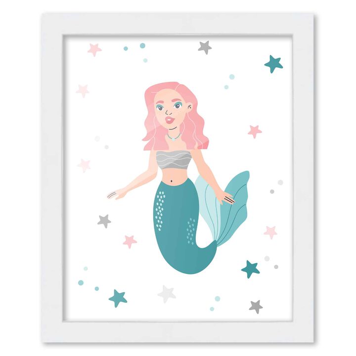 8x10 Framed Nursery Wall Art Mermaid Poster In White Wood Frame For Kid Bedroom or Playroom