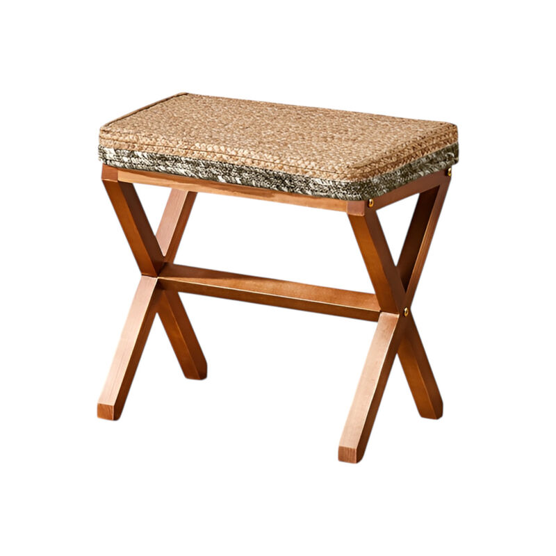 Handwoven Seagrass Ottoman, Rectangular Footrest with Sturdy X Wooden Legs For Living Room