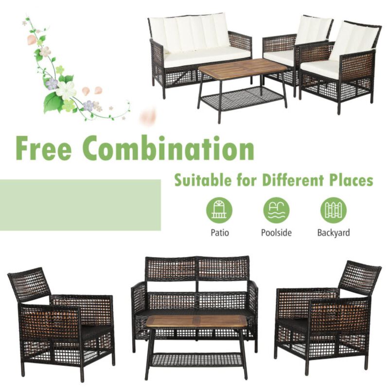 Hivvago 4 Pieces Patio Rattan Furniture Set with 2-Tier Coffee Table