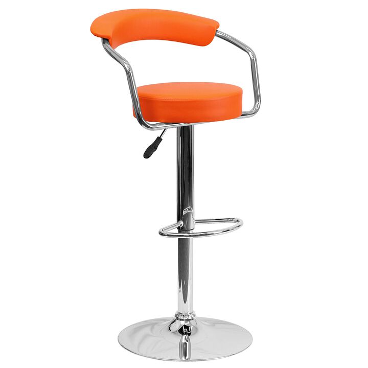 Flash Furniture Cruz Contemporary Orange Vinyl Adjustable Height Barstool with Arms and Chrome Base