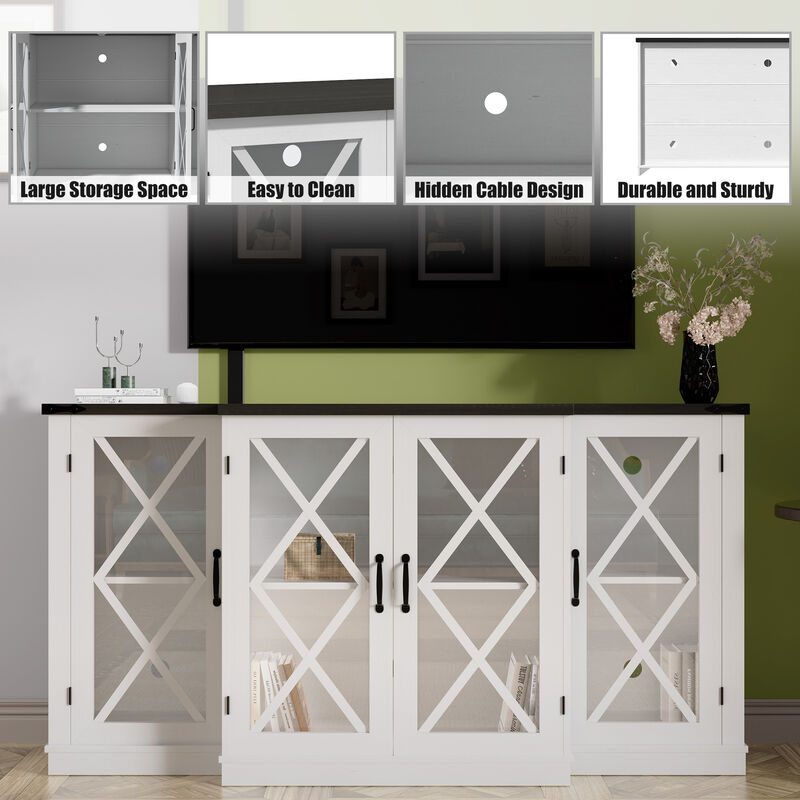 Farmhouse TV Stand for 70" TV, Wooden Media TV Console Entertainment Center with 4 Glass Door, Height Adjustable Shelves and Storage, White