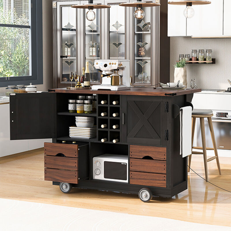 ELEMENT ACE Farmhouse Kitchen Island Cart with Foldable Leaf, Built-In Power Outlet, Ample Storage Drawers and Cabinets image number 7
