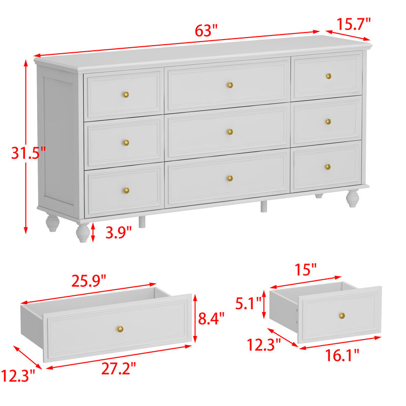 White Wooden Modern European Style Accent Storage Cabinet with 9-Drawer