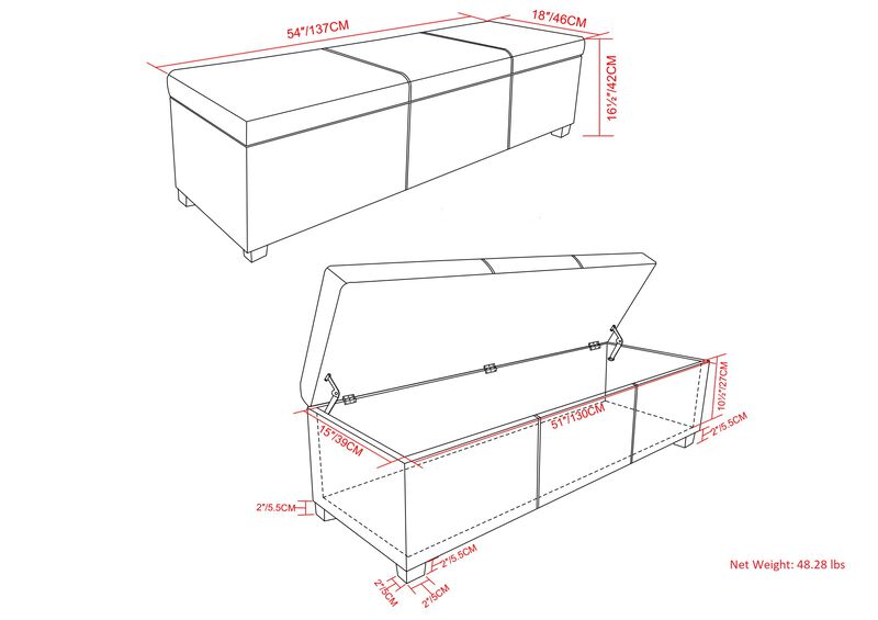 Avalon Extra Large Storage Ottoman Bench in Midnight Black Faux Leather