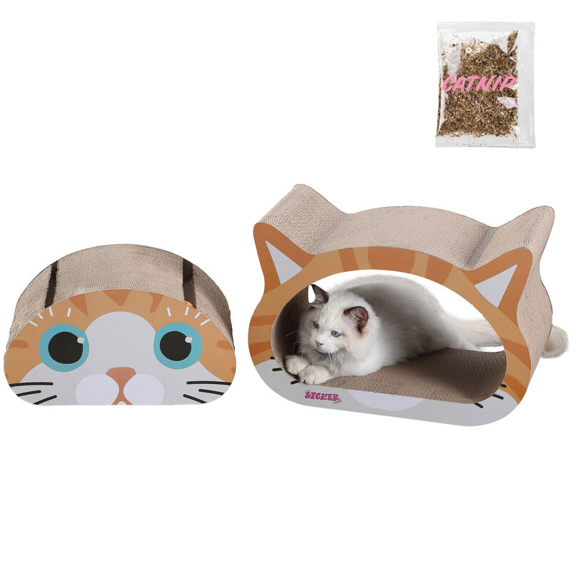 Opal Modern Cardboard Happy Cat Head 2-in-1 Cat Cave Scratcher with Built-In Bell Toys and Catnip