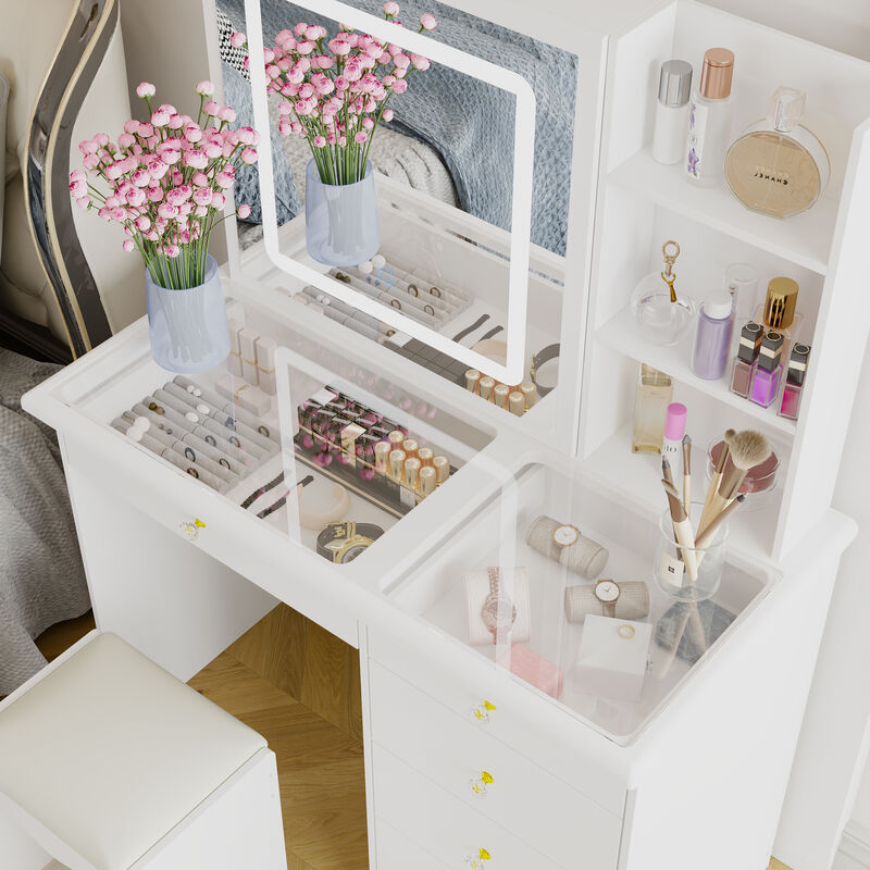 White Wood 39.4 in. W Large Glass Top Table Dresser Dressing Desk with LED Dimmable Mirror, 5-Drawers, Hidden shelves