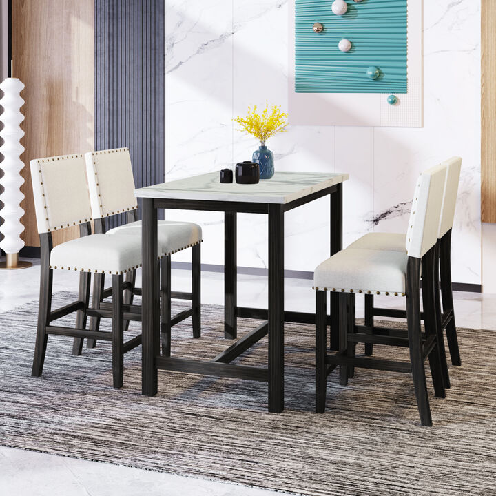 5 Piece Rustic Wooden Counter Height Dining Table Set with 4 Upholstered Chairs