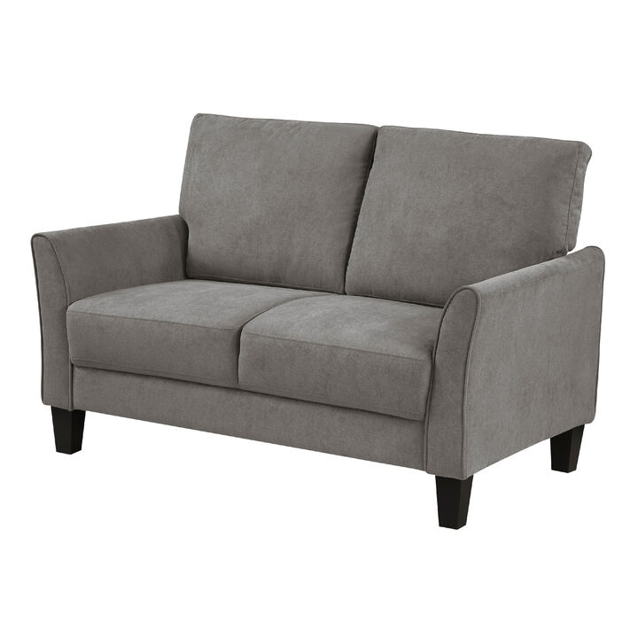 Xumo Loveseat, Taupe Gray Fabric, 56 Inch, Black Tapered Wood Legs - Benzara