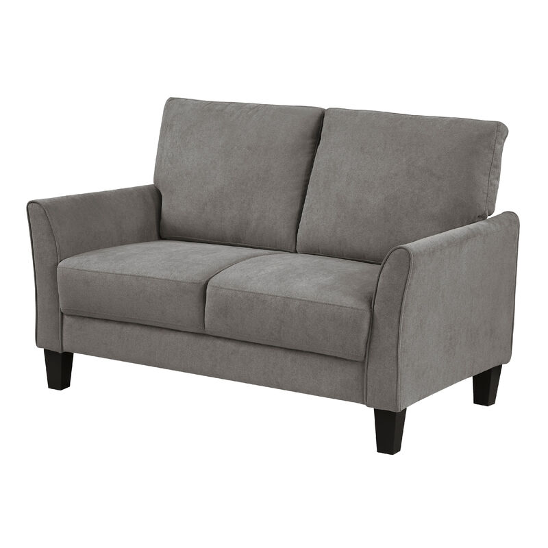 Xumo Loveseat, Taupe Gray Fabric, 56 Inch, Black Tapered Wood Legs - Benzara