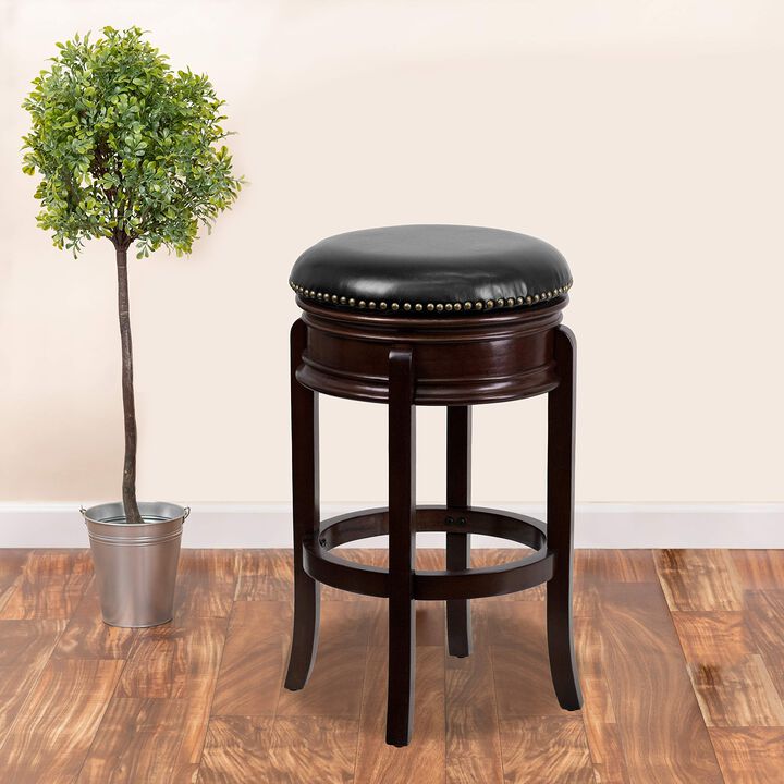 Flash Furniture Carol 29'' High Backless Cappuccino Wood Barstool with Carved Apron and Black LeatherSoft Swivel Seat