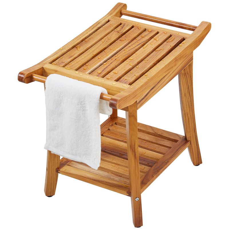 Waterproof Teak Shower Stool with Storage Shelf, Handle and Non Slip Feet-Natural image number 8