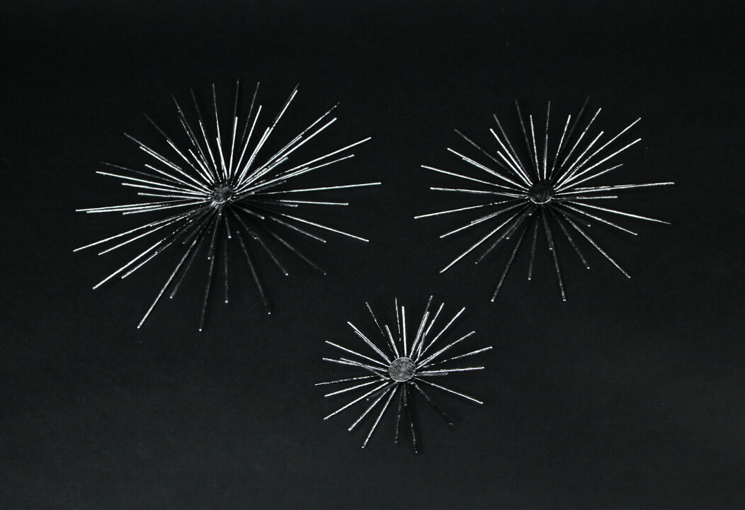 Aged Silver Finish Mid-Century Modern Atomic Star Burst Wall Sculptures Set of 3