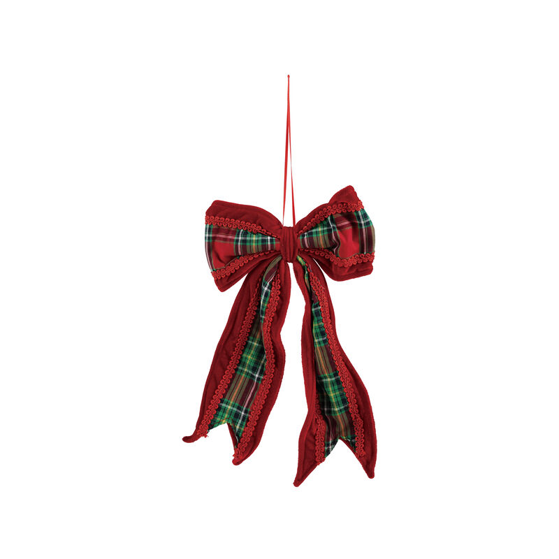 Plaid Fabric Bow Ornament in Red and Green image number 0