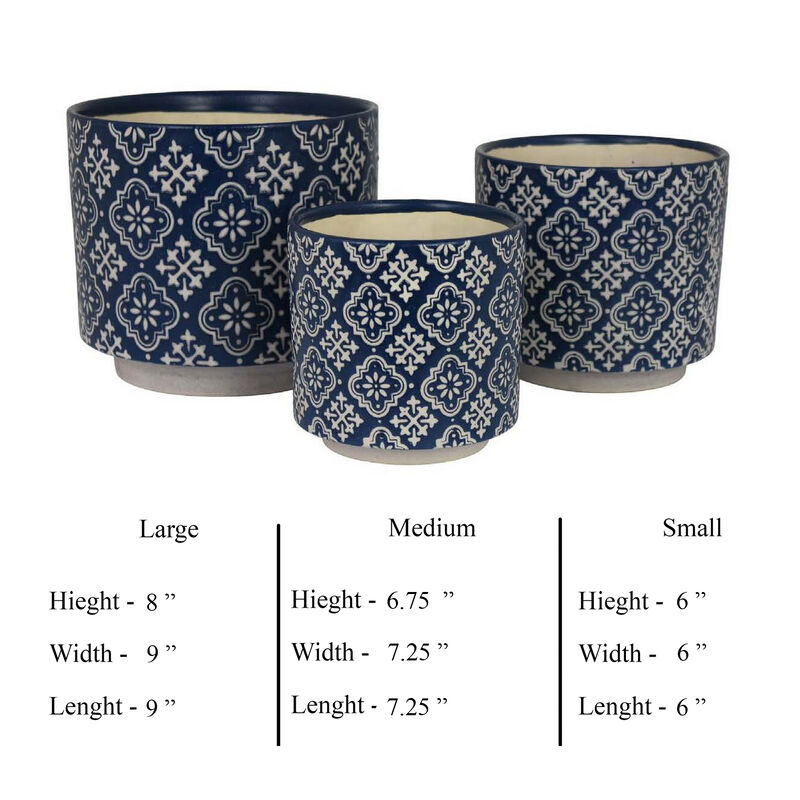Modern Planter Set of 3, Vintage Floral Motifs, White Blue Ceramic - Benzara