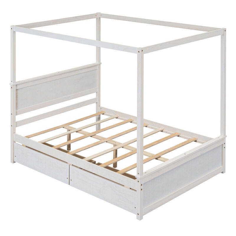 Wood Canopy Bed with two Drawers, Full Size Canopy Platform bed With Support Slats .No Box Spring Needed, Brushed White