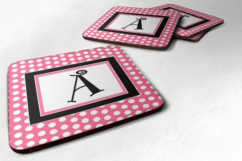 Caroline's Treasures CJ1001-AFC Monogram-Pink Black Polka Dots Foam Coasters (Set of 4), Initial Letter A, 3.5 H x 3.5 W, Multicolor