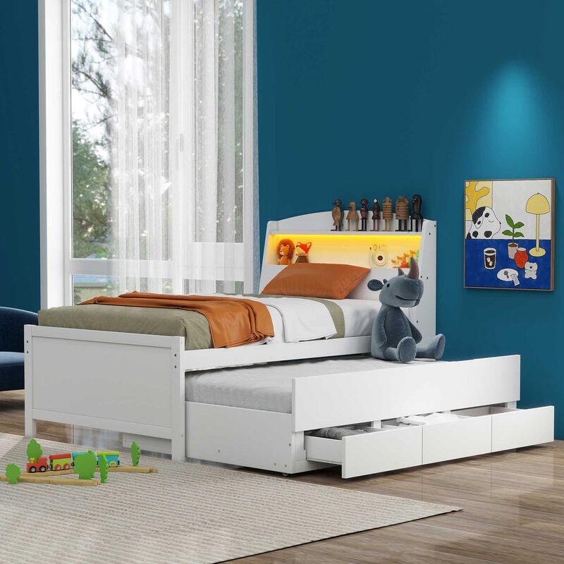 Merax White Platform Bed with LED Headboard, Trundle & Drawers image number 2
