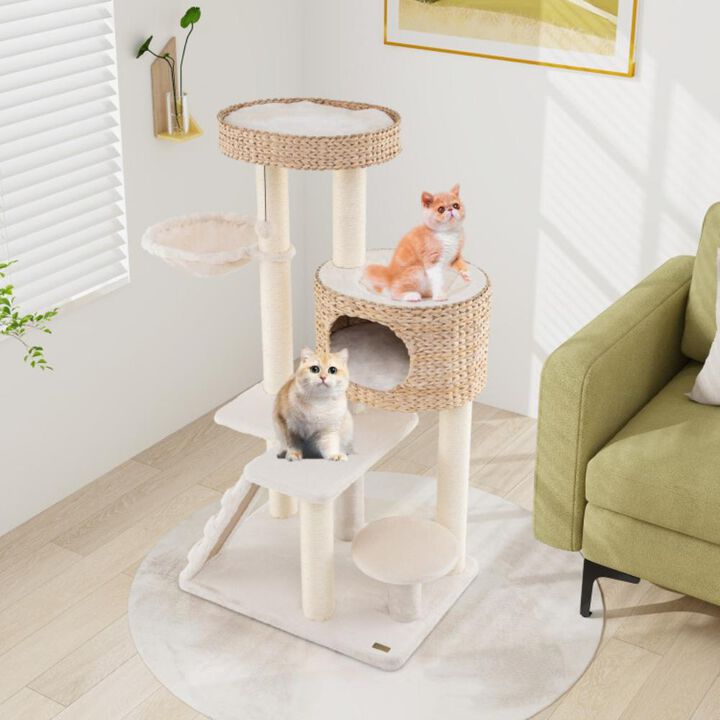 Hivvago Modern Cat Tree for Indoor Cats with Cattail Fluff Condo and Top Perch
