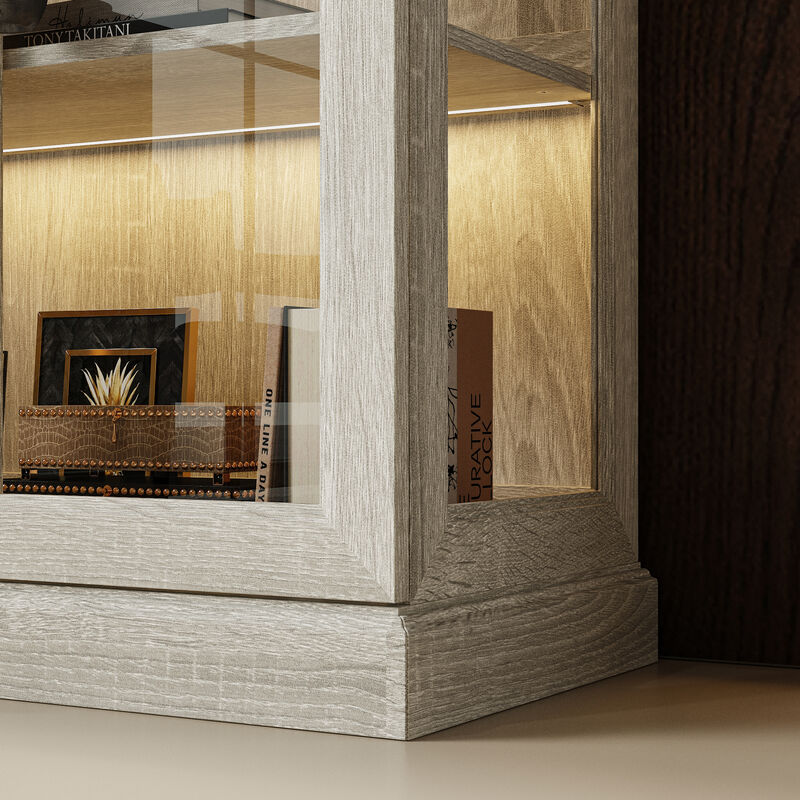 FUFU&GAGA Tall Glass Display Cabinet with LED Strip Light (37" W x 18.5" D x 69.3" H), Saw-Cut Gray Oak Finish