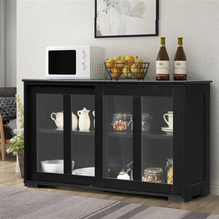 Hivvago Black Wood Buffet Kitchen Dining Sideboard Storage Cabinet w/ Glass Sliding Door