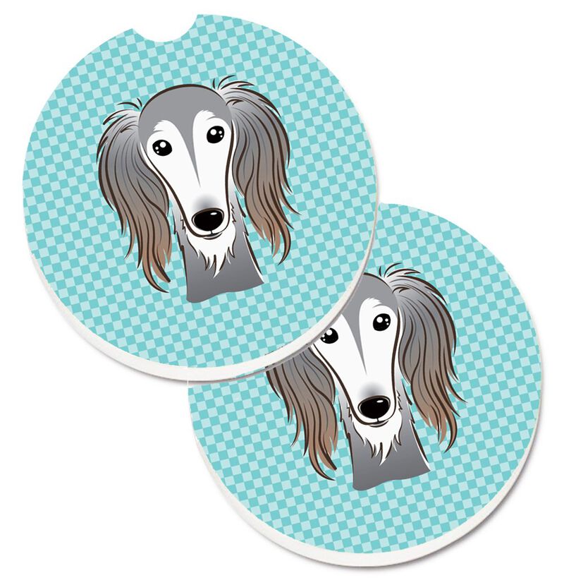 Caroline's Treasures Checkerboard Blue Saluki Set of 2 Cup Holder Car Coasters BB1167CARC, 2.56, Multicolor