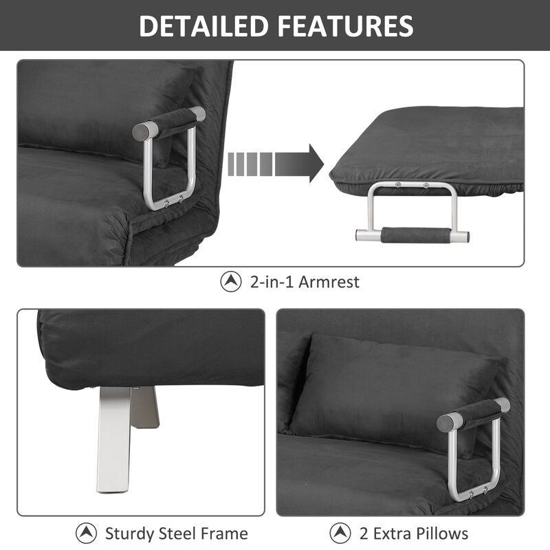 HOMCOM Convertible Sofa Bed Sleeper Chair, 5 Position Adjustable Backrest, Armchair Sleeper with Pillows, Leisure Chaise Lounge Couch, Grey