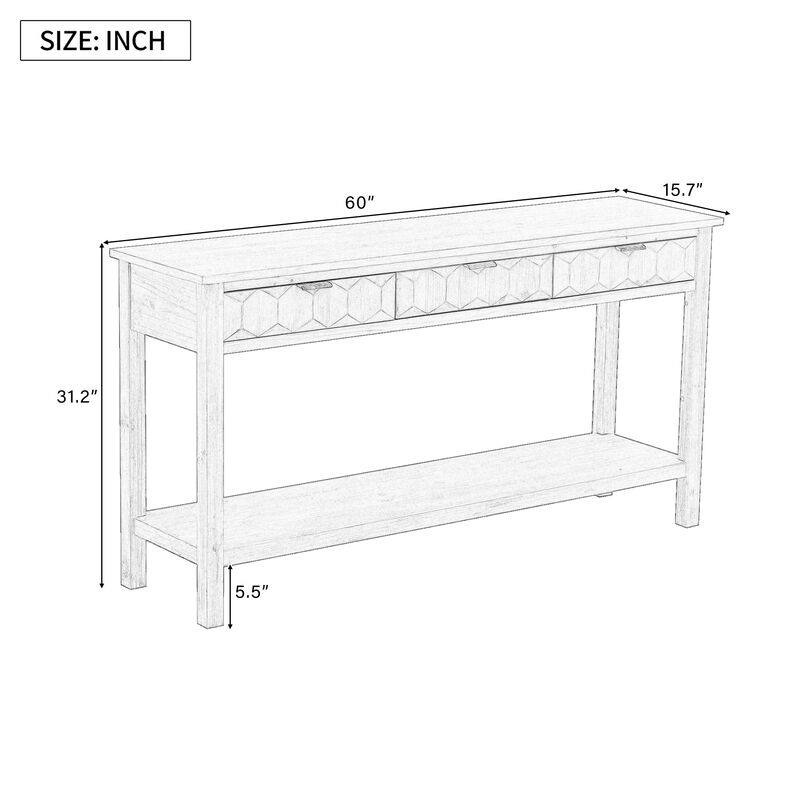 Clihome 60'' Fir Veneer Entryway Table with Honeycomb-patterned Fronts,Modern Stylish Console Table with 3 Drawers and Solid Fir legs