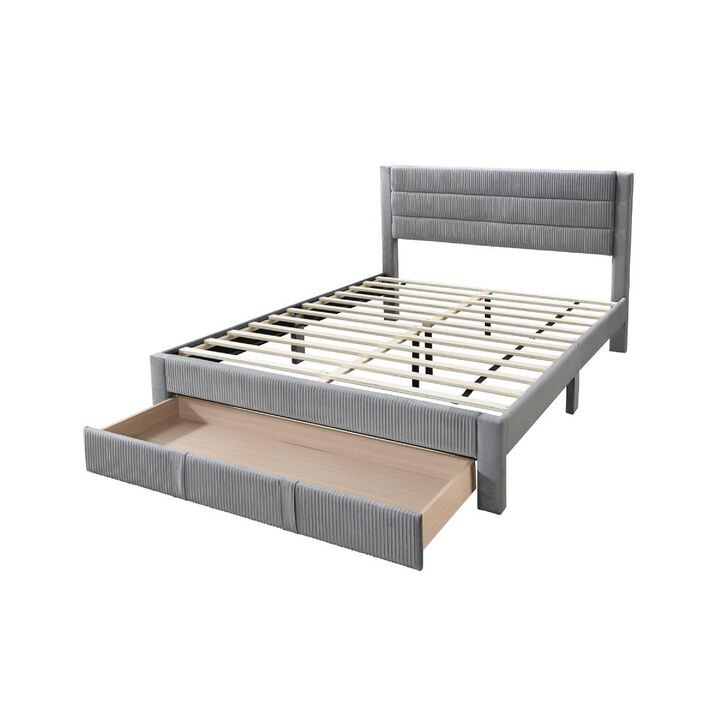 Heo Queen Size Bed w Storage Drawer, Light Gray Corduroy Upholstery - Benzara