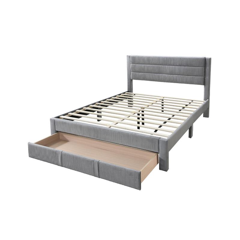 Heo Queen Size Bed w Storage Drawer, Light Gray Corduroy Upholstery - Benzara