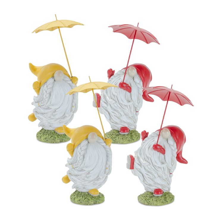 Set of 4 Resin Gnomes with Umbrellas – Whimsical Garden Statues for Outdoor, Yard, and Patio Decor