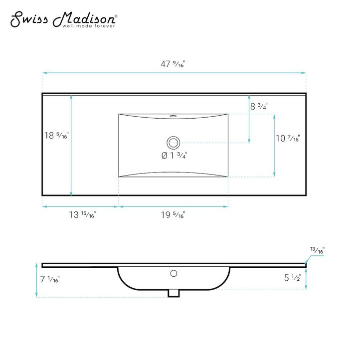 48" Zero Hole Vanity Sink Top in Glossy White