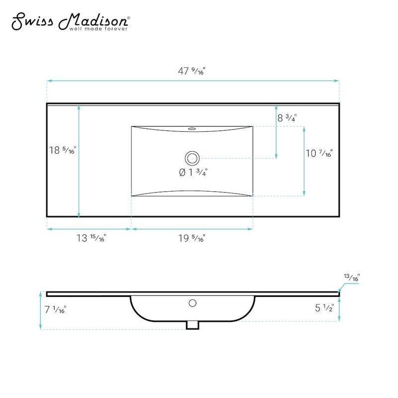 48" Zero Hole Vanity Sink Top in Glossy White image number 1