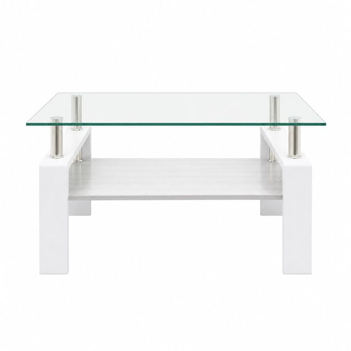 GOODSILO Modern Rectangular Coffee Table with Tempered Glass Top, Storage Shelf and Durable Metal Legs for Living Rooms