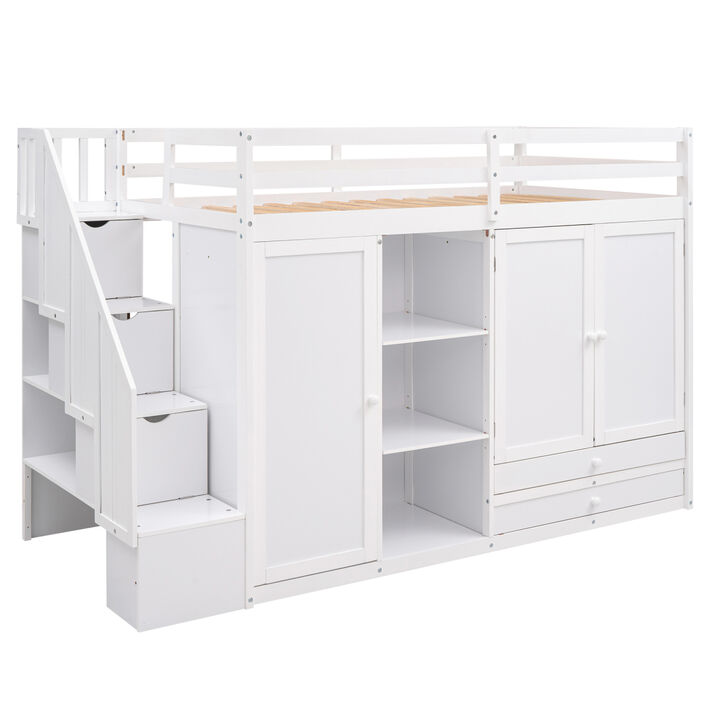Functional Loft Bed with 3 Shelves, 2 Wardrobes and 2 Drawers, Ladder with Storage, No Box Spring Needed, White(Expected Arrival Time:1.4), Twin