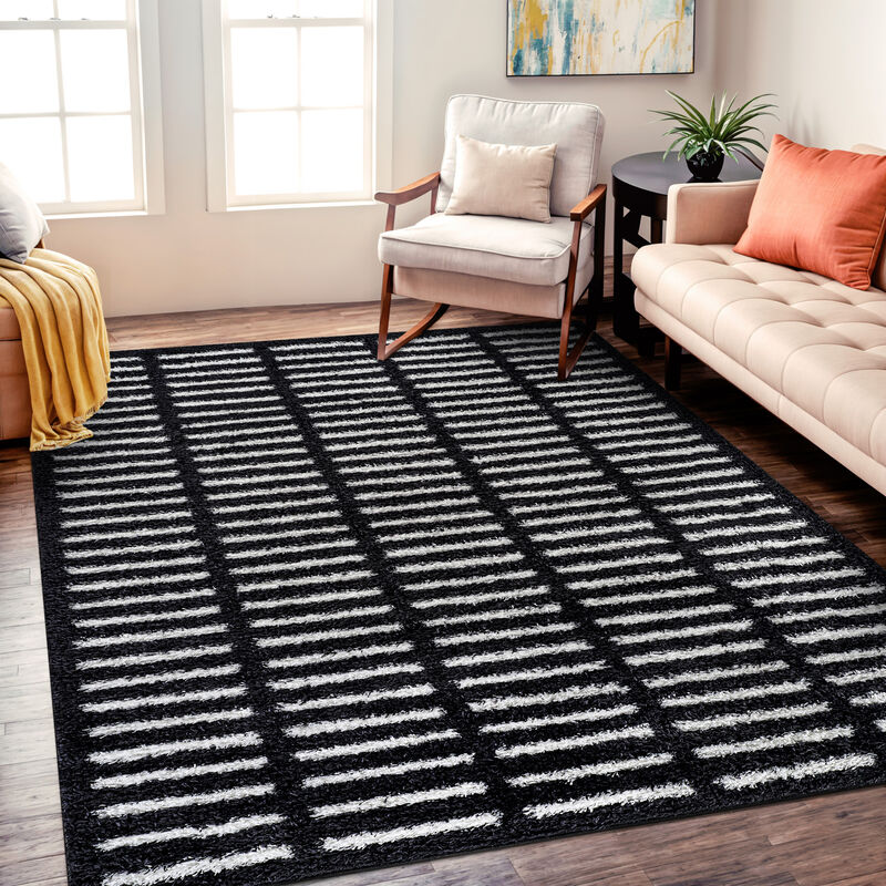 World Rug Gallery Bohemian Stripe Lines Shag Rug &ndash; White &ndash; Easy to Clean, Medium Pile &ndash; Perfect for Living Room, Bedroom, or Entryway image number 1