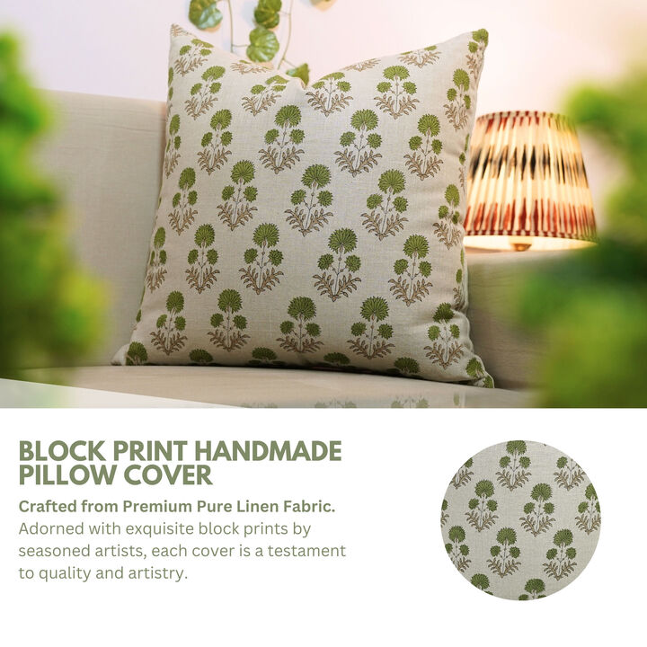 Fabdivine Handblock Green Pure Linen Pillow Cover Boho Throw Cushioncase for Sofa, Couch, Bed, Living, or Farmhouse D&eacute;cor, Rishi