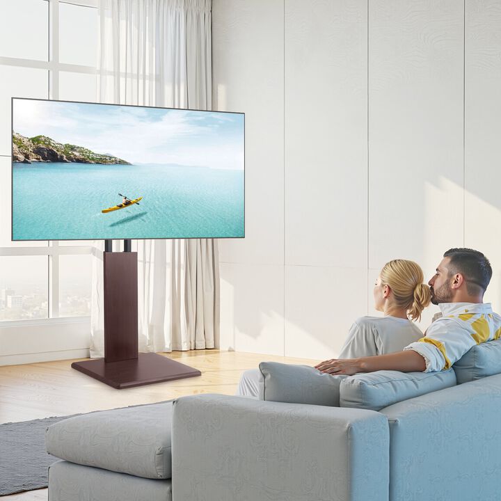 Universal Swivel TV Stand with Power Strip, Height Adjustable TV Mount for Living Room-Brown