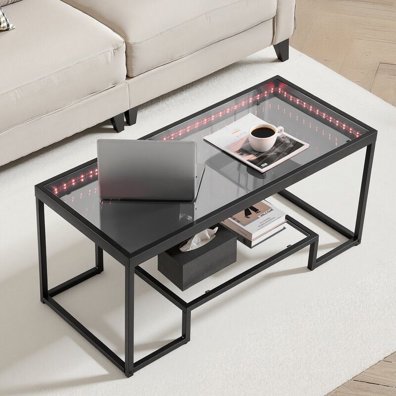 Modern Glass Coffee Table with LED Lighting and 2-Tier Storage image number 1