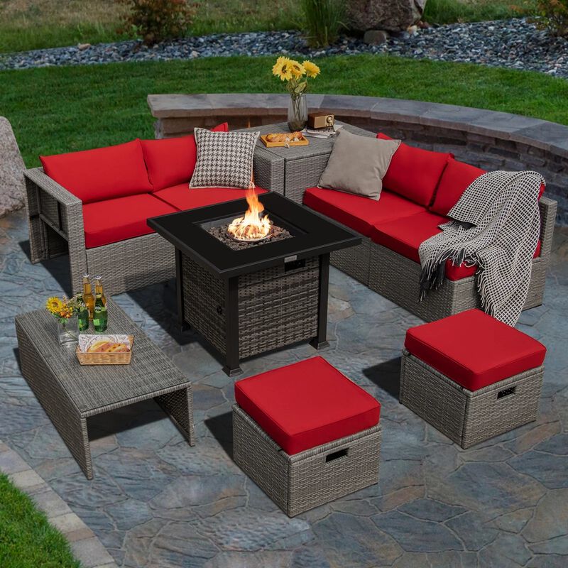 Mondawe 9 Pieces Outdoor Patio Furniture Set with 32-Inch Propane Fire Pit Table