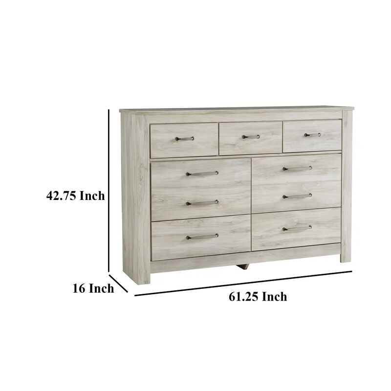 Simon Wide Dresser, 7 Drawers, Laminate Rustic Gray Whitewash Finish - Benzara