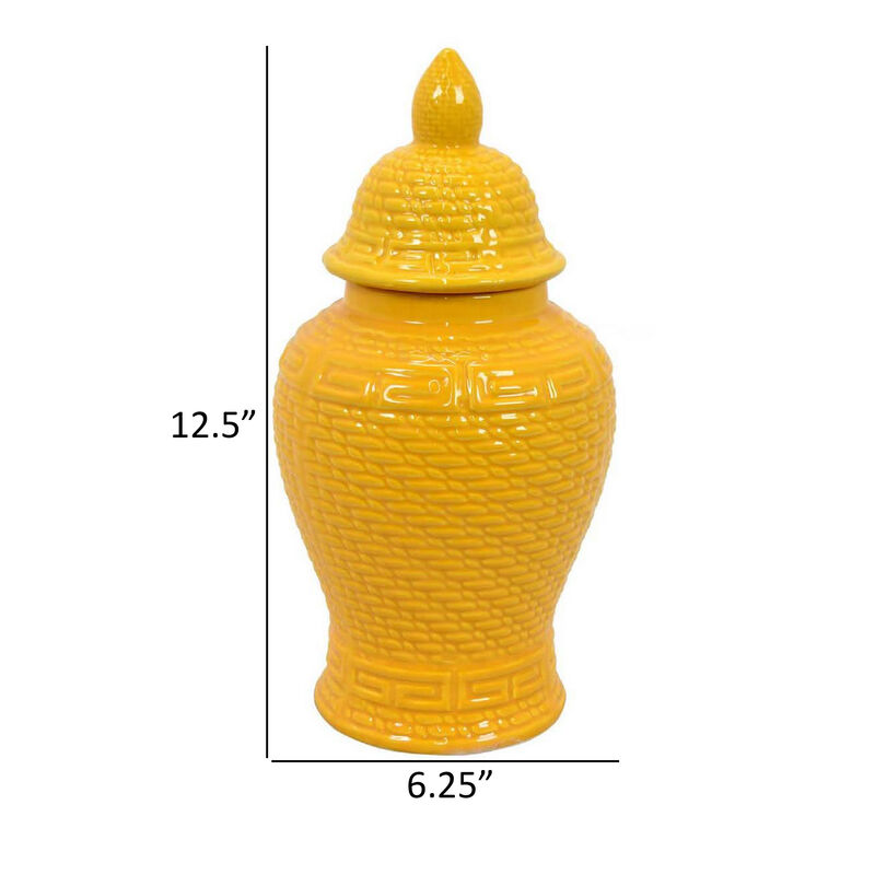 Bryan 13 Inch Ceramic Temple Jar, Geometric Print, Finial Top, Yellow - Benzara