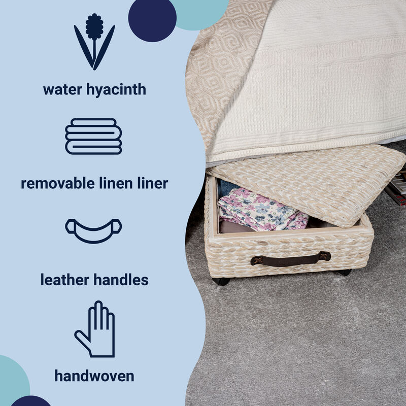 Chett Minimalist Hand-Woven Hyacinth/Wood Underbed Storage Bin with Wheels and Handles