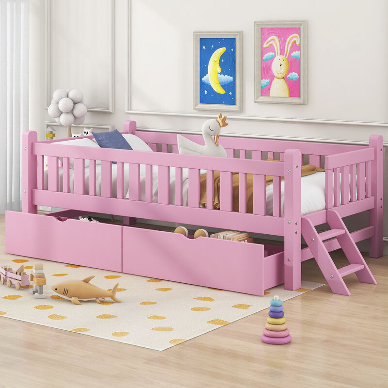 Whisen Wood Platform Bed with Guardrail and 2 Drawers image number 2