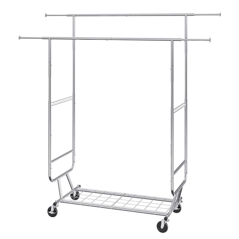 Heavy Duty Garment Rack with Double Rods, Adjustable Height, and Bottom Storage