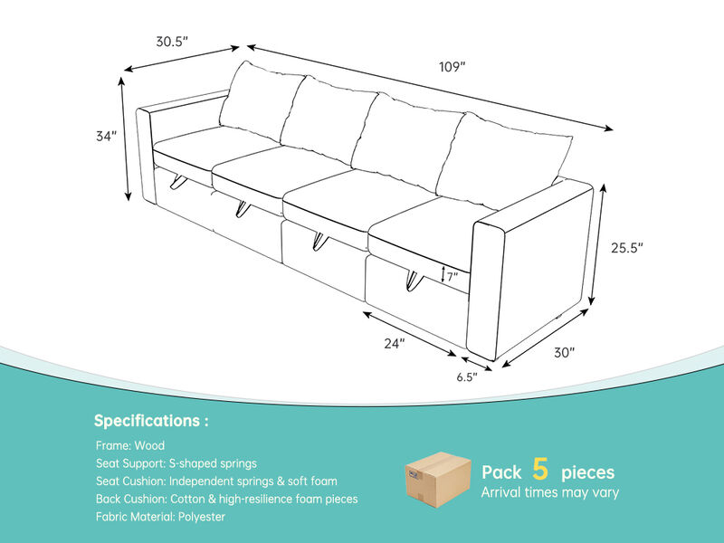 Livelylodge Modular 4-Seat Sofa with Wooden Frame and Pull-Out Bed, Convertible Sectional Sofa for Living Room, Available in Black, Beige, and Gray 109" L x 30.5" W x 34" H