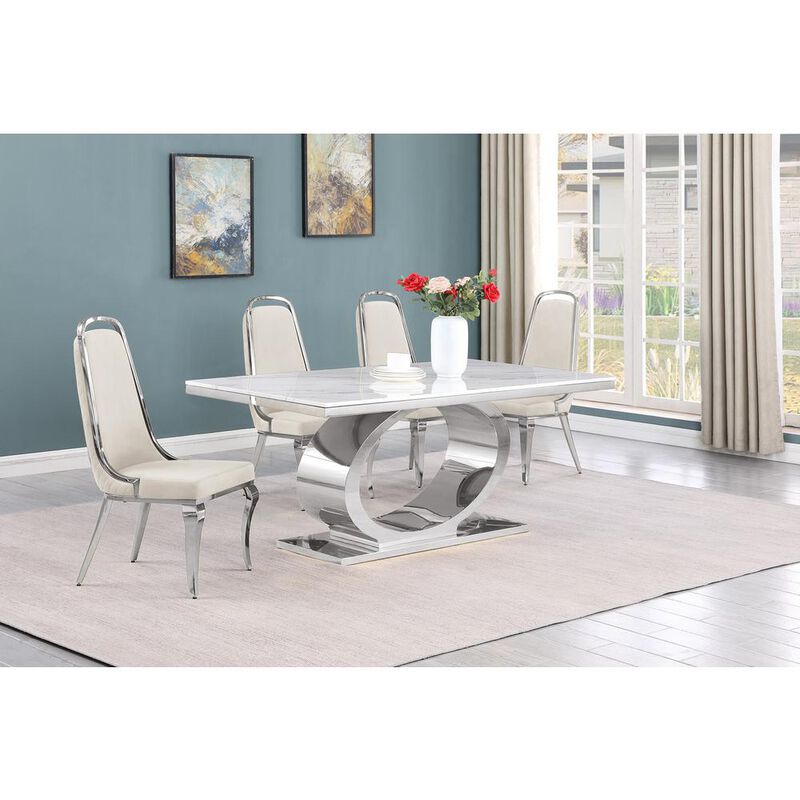 5pc Small(68") marble top dining set with silver base and 4 Cream side chairs
