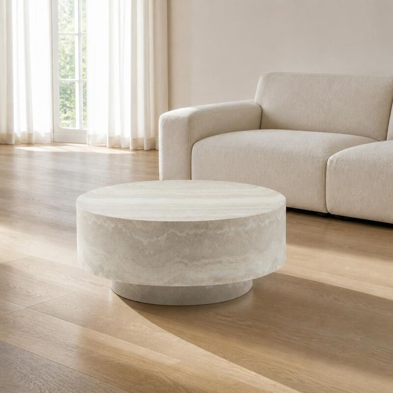 GOODSILO Round 31.5 Inch Mars Vein Marble Effect Drum Coffee Table, Living Room Statement Accent Furniture For Family Gatherings And Cozy Relaxation image number 2