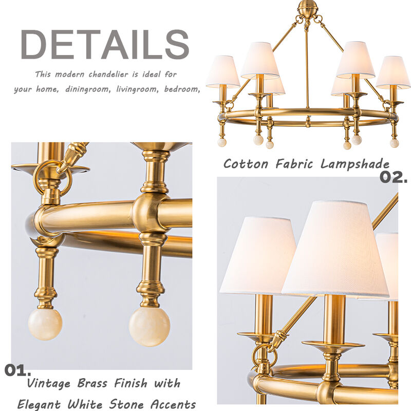 6-Light W34 Inch Warm Brass Statement Chandelier Unique Classic Lighting with White Fabric Lamp Shades and Alabaster Finials for Dining Room Living Room image number 5